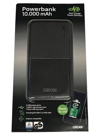 Універсальна зарядна батарея Power Bank Grixx 10000 mAh Black, 23-018, В наявності, Черный