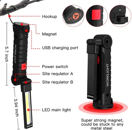 Портативный светодиодный Short фонарик COB, USB, 2400 мА, 11 см, магнит, аккумулятор